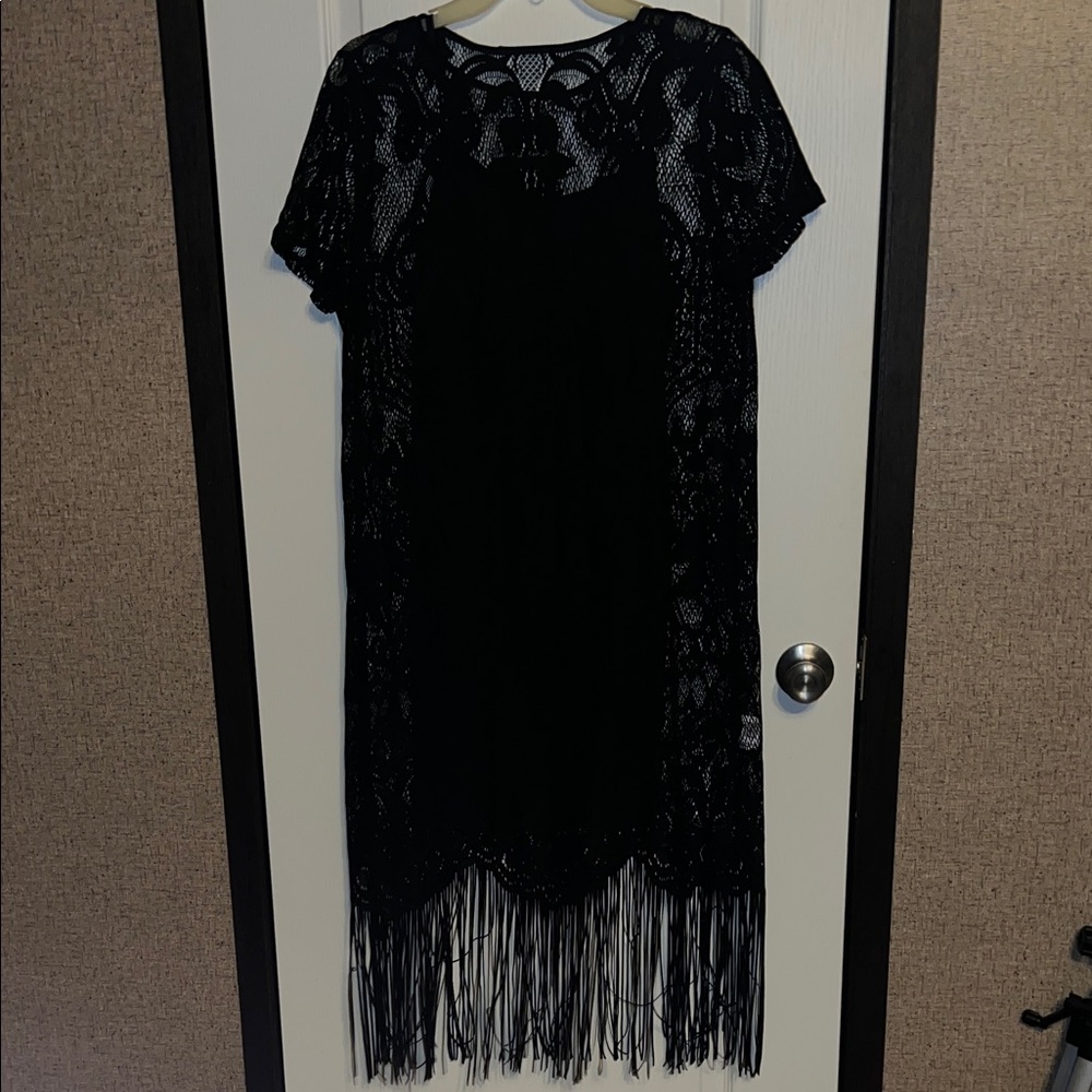 SHEIN Black Lace Midi Dress with Fringe